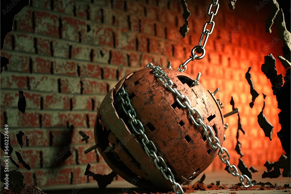 Poster a ball and chain are chained to a brick wall with a red light in the background and a brick wall wit