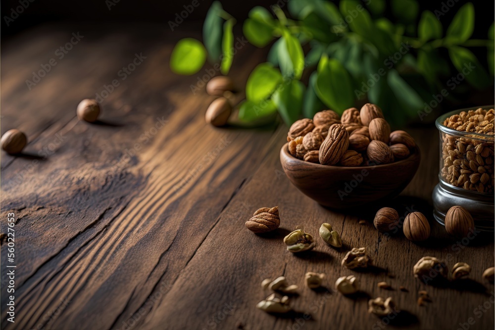 Aufkleber a bowl of nuts and a bowl of nuts on a table with leaves in the background and a bowl of nuts on the