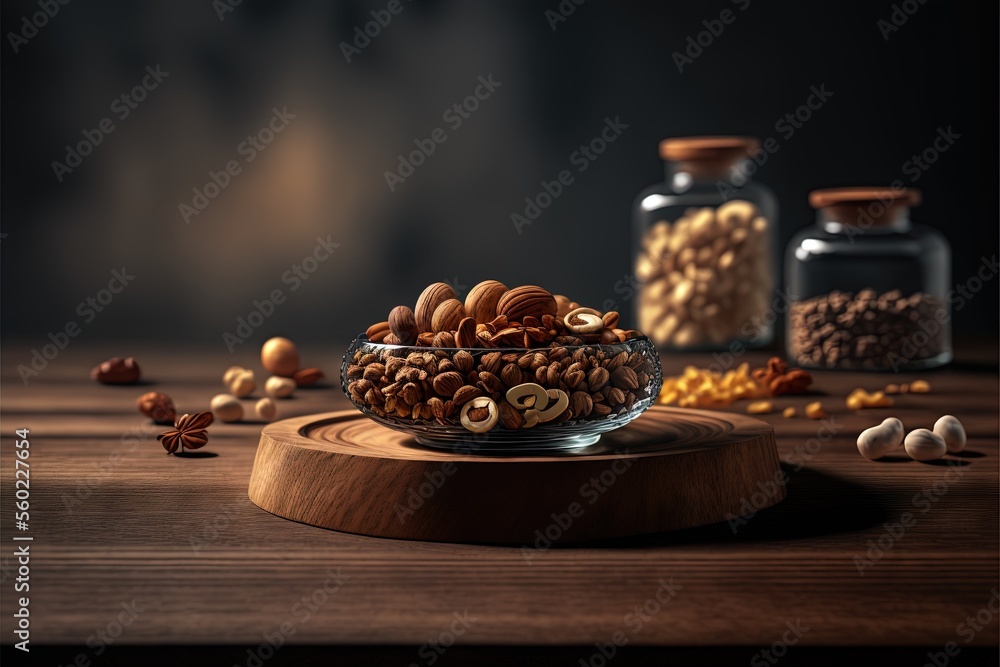Poster a bowl of nuts and nutshells on a wooden table with two jars of nuts and nuts in the background, wit