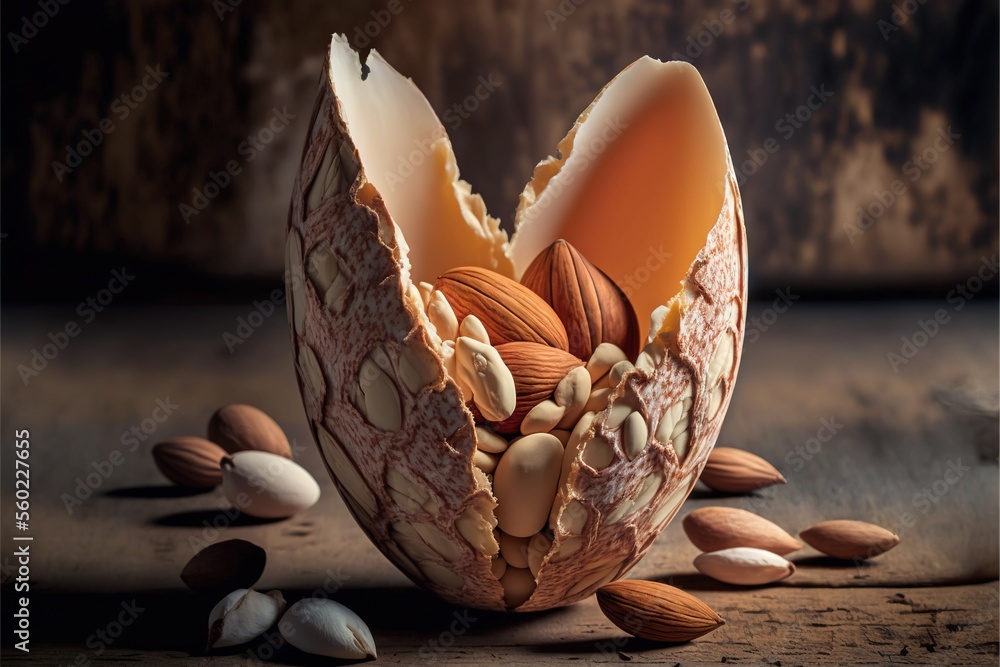 Poster a cracked egg shell with almonds and almonds on a wooden table with a dark background and a few scat