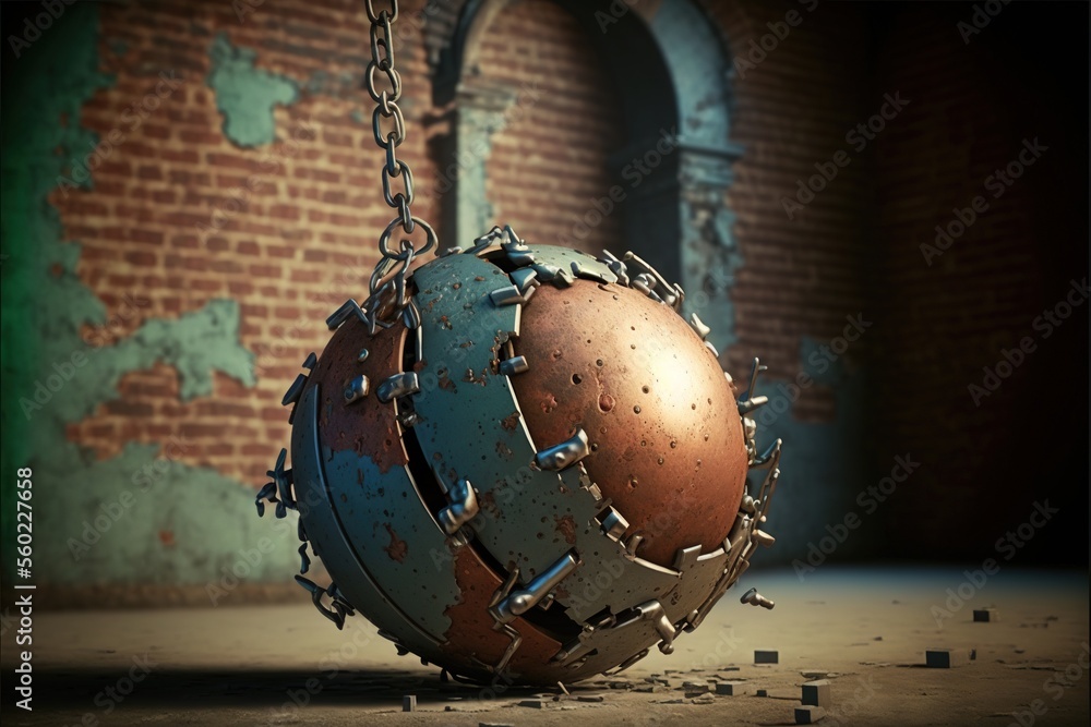 Poster  a metal ball with holes in it hanging from a chain in front of a brick wall with a doorway in the background and a doorway in the background with a chain hanging from the bottom., ai, Generative
