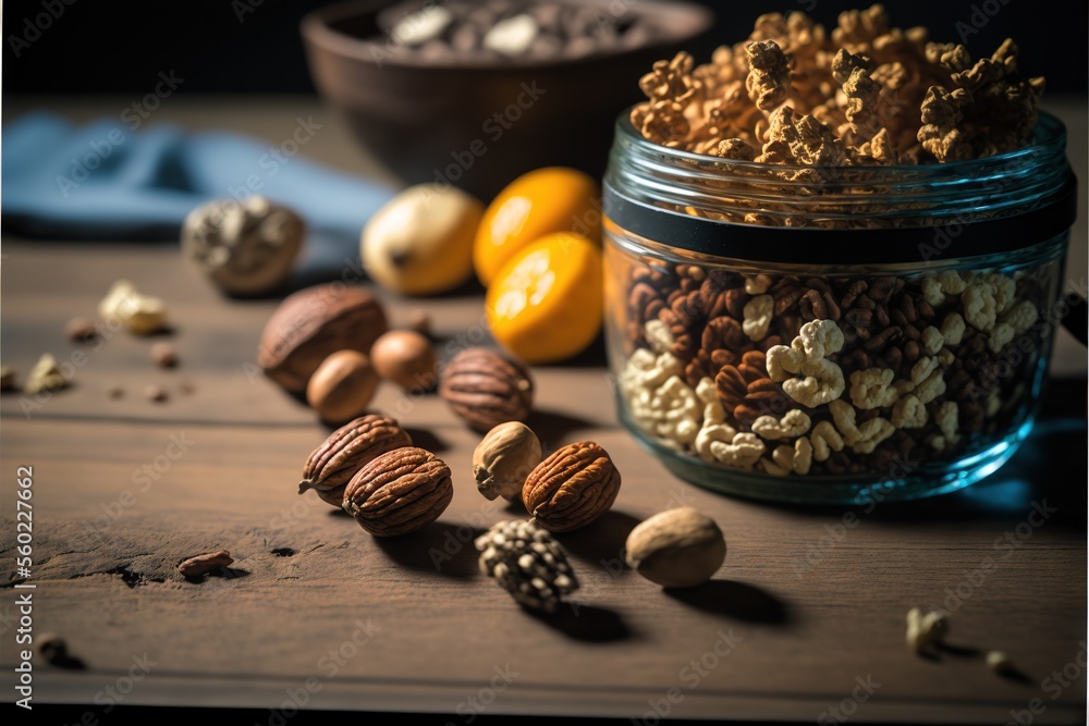 Poster a jar of nuts and nutshells on a table with a bowl of oranges and a bowl of nuts and a bowl of nuts 