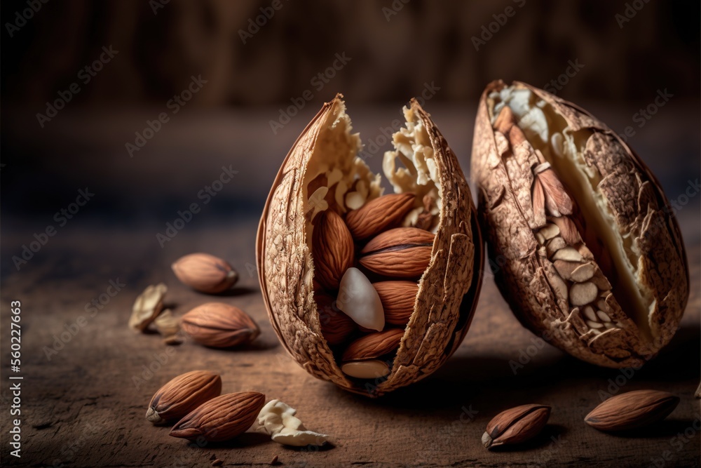 Poster a nut shell with nuts inside of it on a table with other nuts around it and a piece of bread in the 