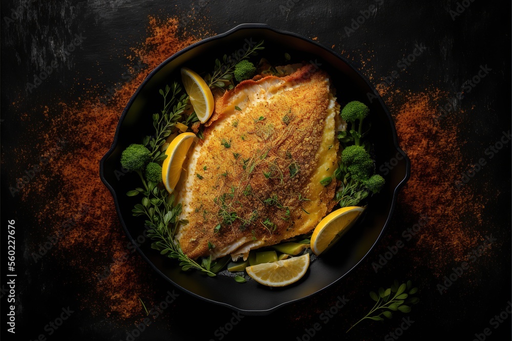 Poster a fish with lemons, parsley and lemon wedges in a pan on a table with spices and herbs on it, on a d