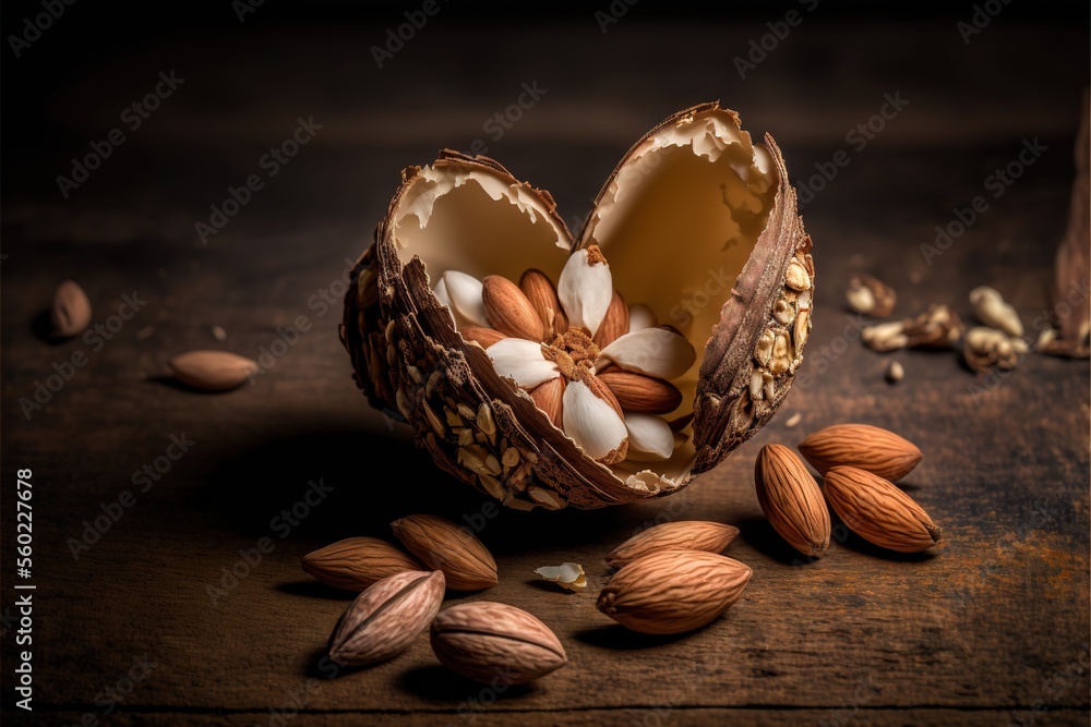 Poster a nut shell with nuts and almonds on a wooden table with a wooden box in the background and a wooden