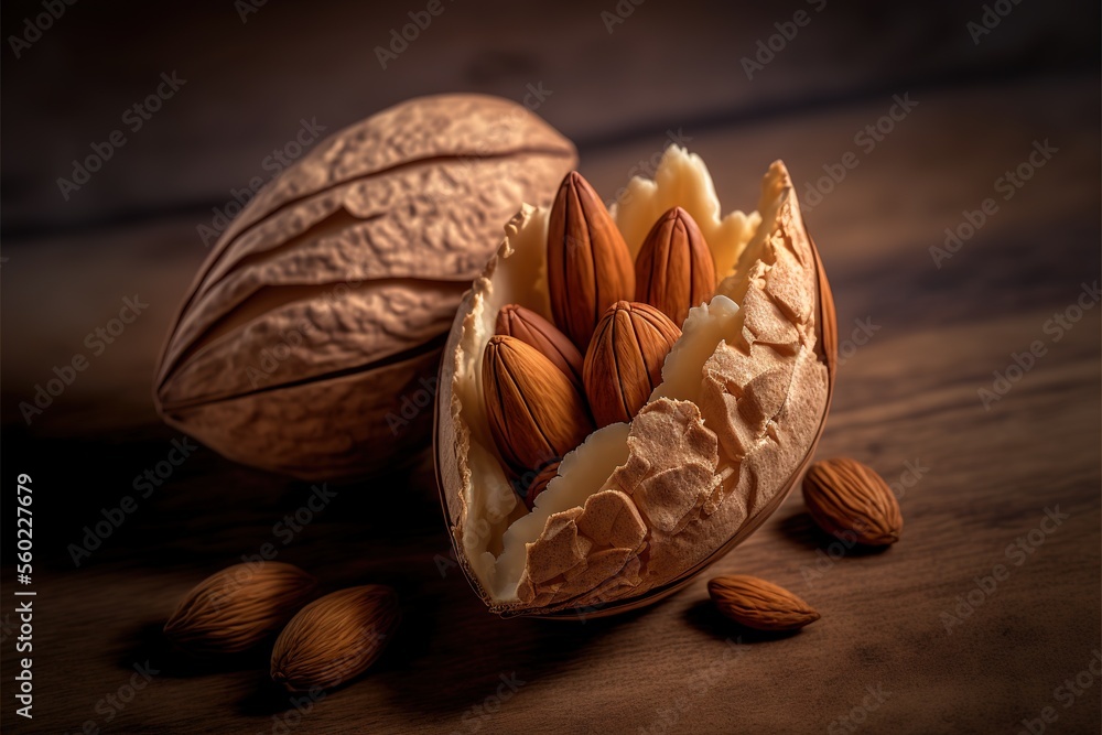 Poster a nut shell with almonds and a piece of cheese in it on a table with a dark background and a few oth
