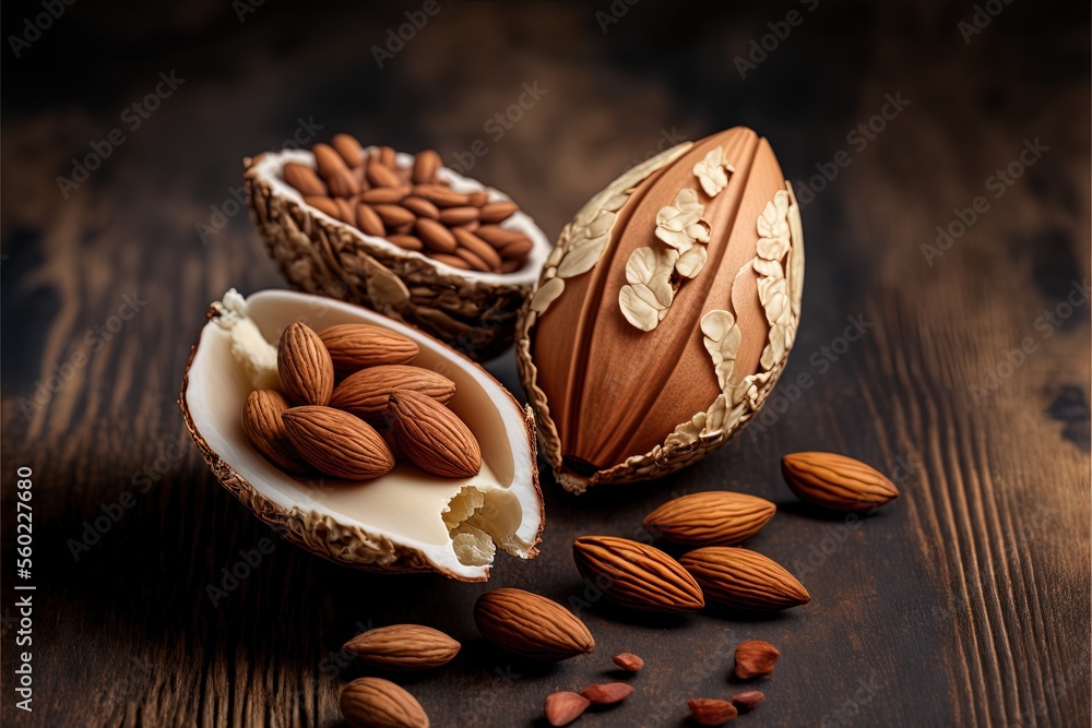 Poster a nut shell and some almonds on a table with a spoon and a bowl of almonds on the table next to it, 