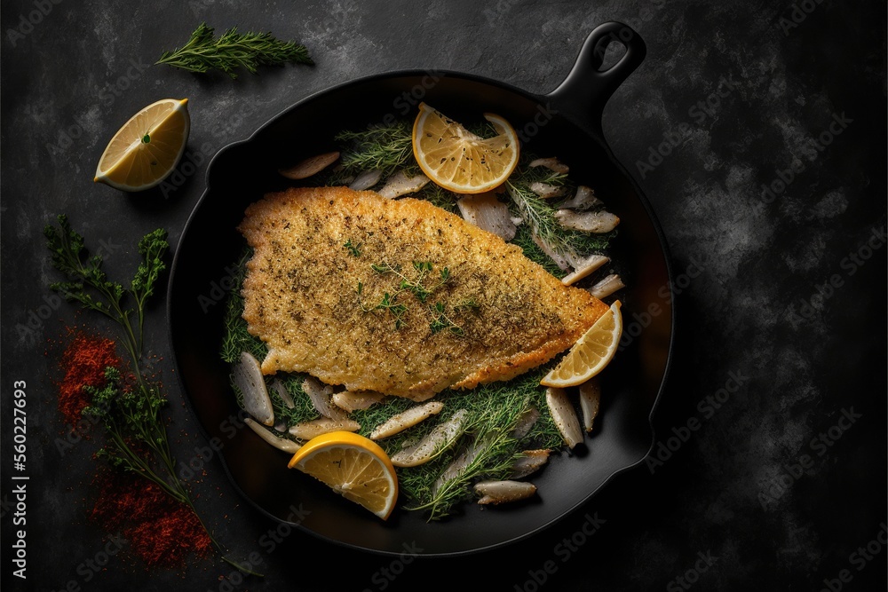 Poster a pan with some fish and lemons on it and some herbs on the side of it and a knife and some spices o
