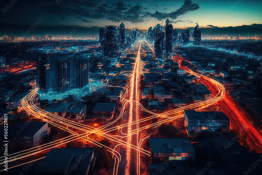 Poster conceptual ai generated image - connection lines and smart cities. bangkok, thailand internet busine