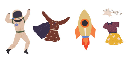 Set of different costumes for people at space party. Clothes for astronauts characters, explorers. Outfit for holiday in cosmic style. Men and women in creative suits for costume party entertainment
