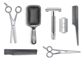 Set of comb, scissors, razor blade and brush