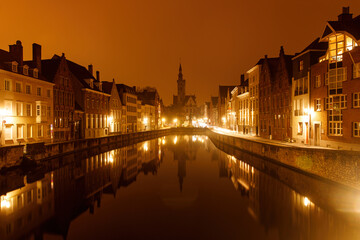 Fototapeta na wymiar Medieval buildings in Bruges, Belgium old town Brugge illuminated at night