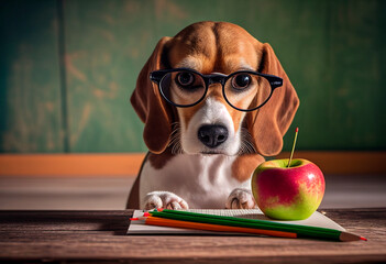 beagle dog as teacher with glasses. Animal near school blackboard.. - obrazy, fototapety, plakaty