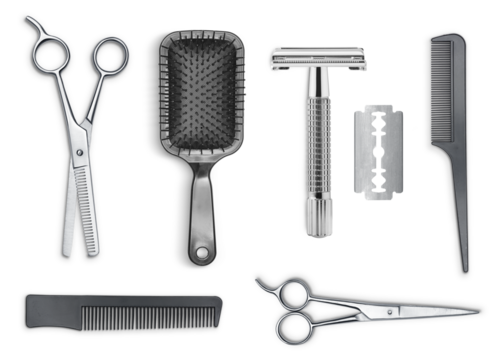 Set of comb, scissors, razor blade and brush