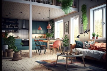  a living room filled with furniture and a dining room table next to a kitchen and a living room with a spiral staircase going up to the second floor and a kitchen area with a table.