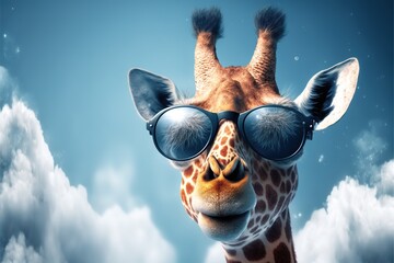 Naklejki   a giraffe wearing sunglasses and a sky background with clouds and stars in the sky, with a giraffe's head wearing sunglasses, with a sky background of clouds and stars. Generative AI