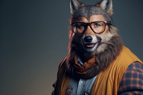  a man wearing a fox mask and glasses, standing in front of a dark background