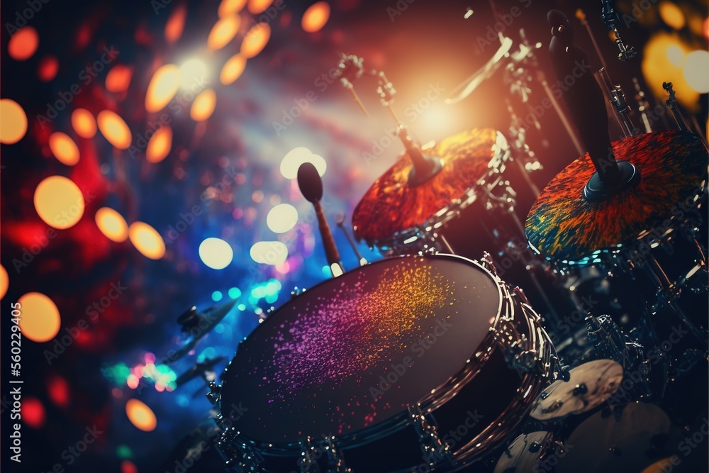 Poster a drum set with a bright background and lights in the background, with a blurry image of a drum set 