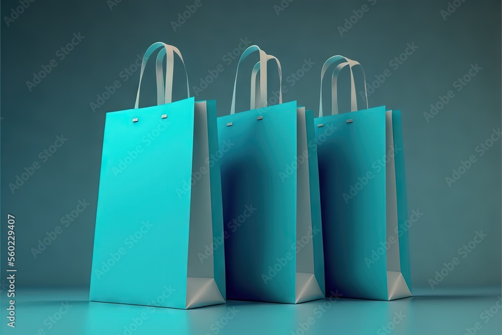 Aufkleber three blue bags are sitting on a table and one is empty and the other is blue with a white handle an