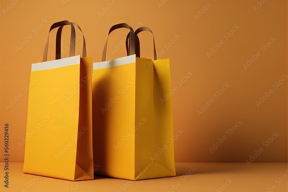 Aufkleber two yellow bags with handles on a brown background with a white stripe on the bottom of each bag and