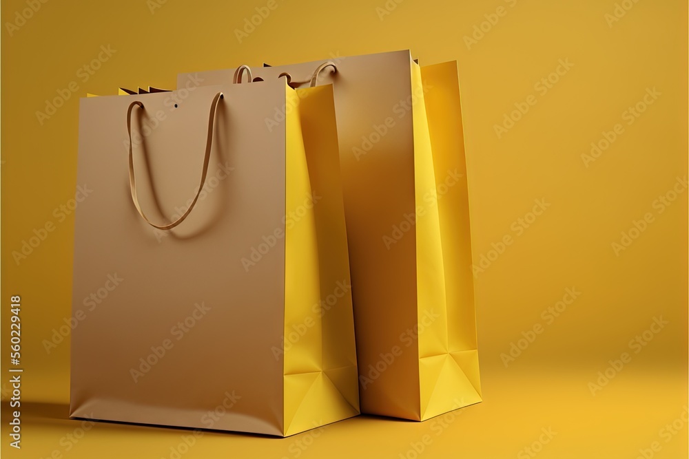 Poster a brown paper bag with a yellow handle on a yellow background with a gold handle on the bottom of th