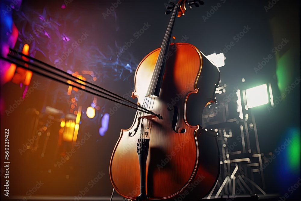 Poster a cello sitting on a stage with a spotlight in the background and a speaker in the foreground with a