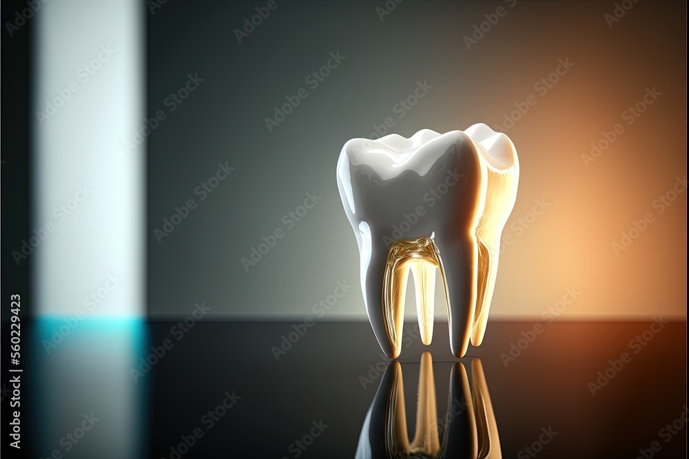 Poster a tooth model with a reflection on the floor in a room with a light shining on it and a black backgr
