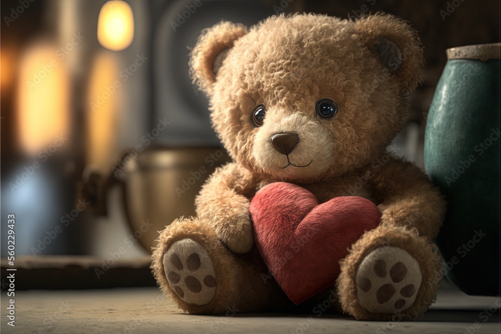 Poster a bear with a heart sitting on a table next to a vase and a vase with a plant in it and a candle in 