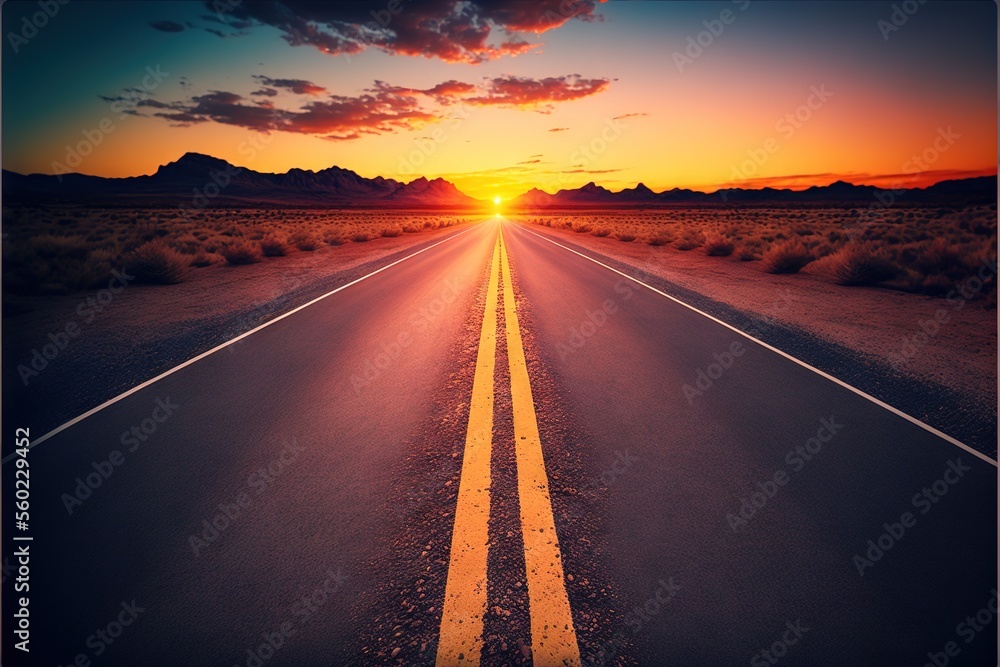 Poster a long road with a sunset in the background and a sky filled with clouds above it and a line of yell
