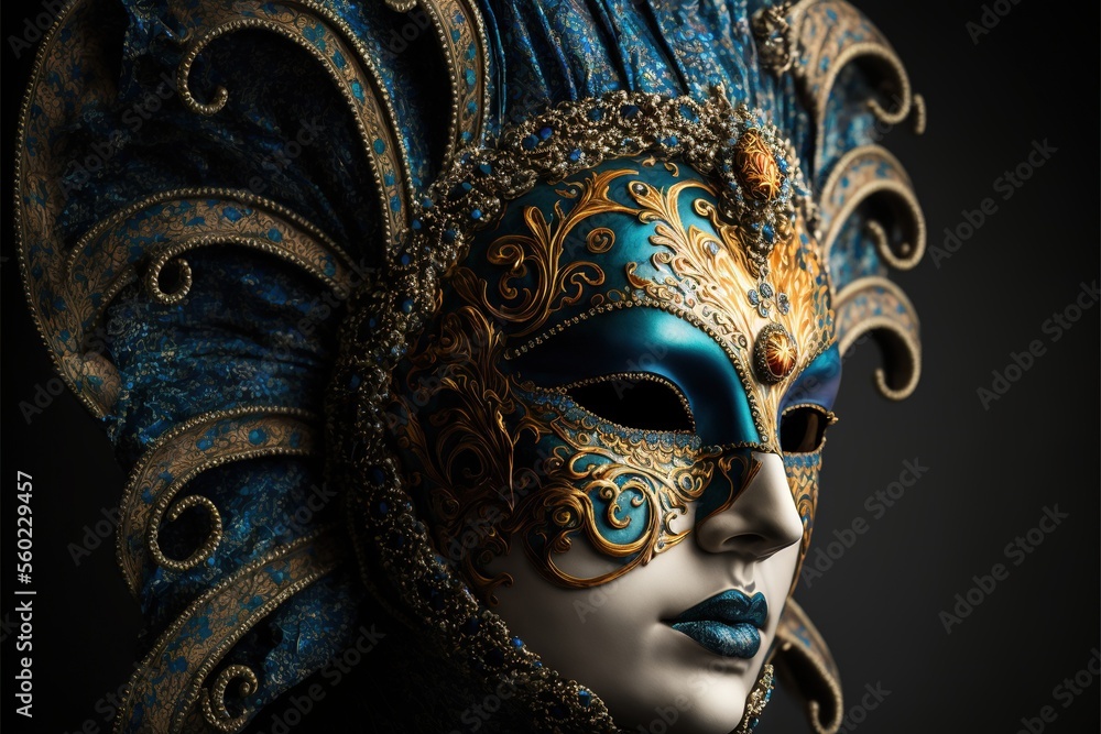 Poster  a close up of a mask with a black background and a black background with a gold and blue mask on it's face and a black background with a black background with a black. Generative AI Generative AI