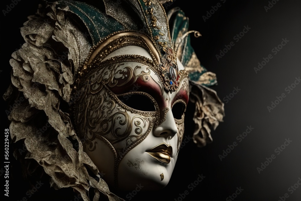 Poster a close up of a mask with a black background and a black background with a white mask with a green a