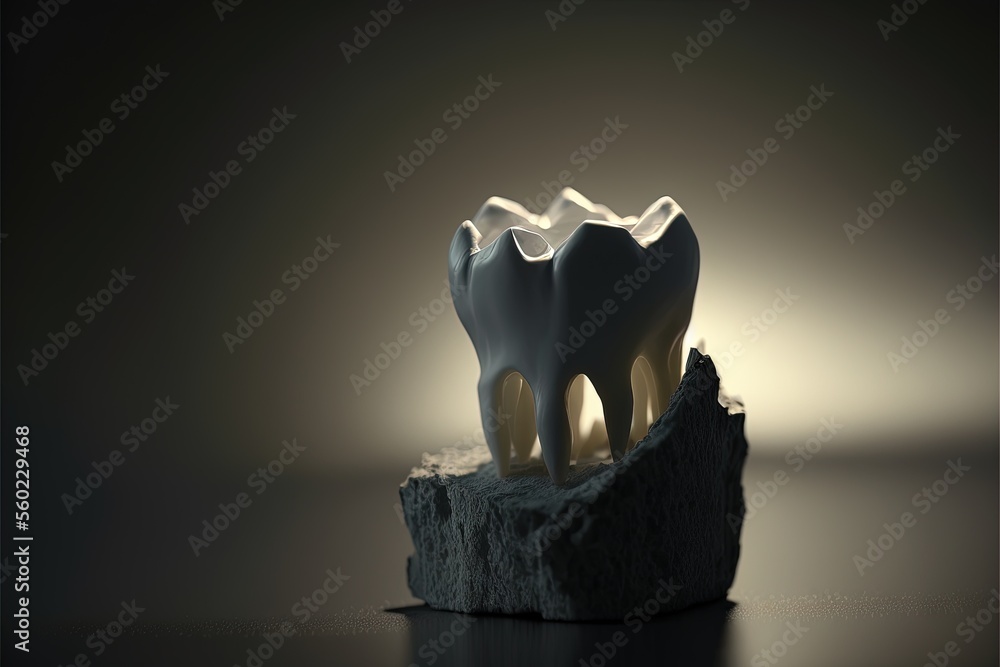 Poster a toothbrush holder with a tooth on top of it on a table in the dark room with a light shining on it