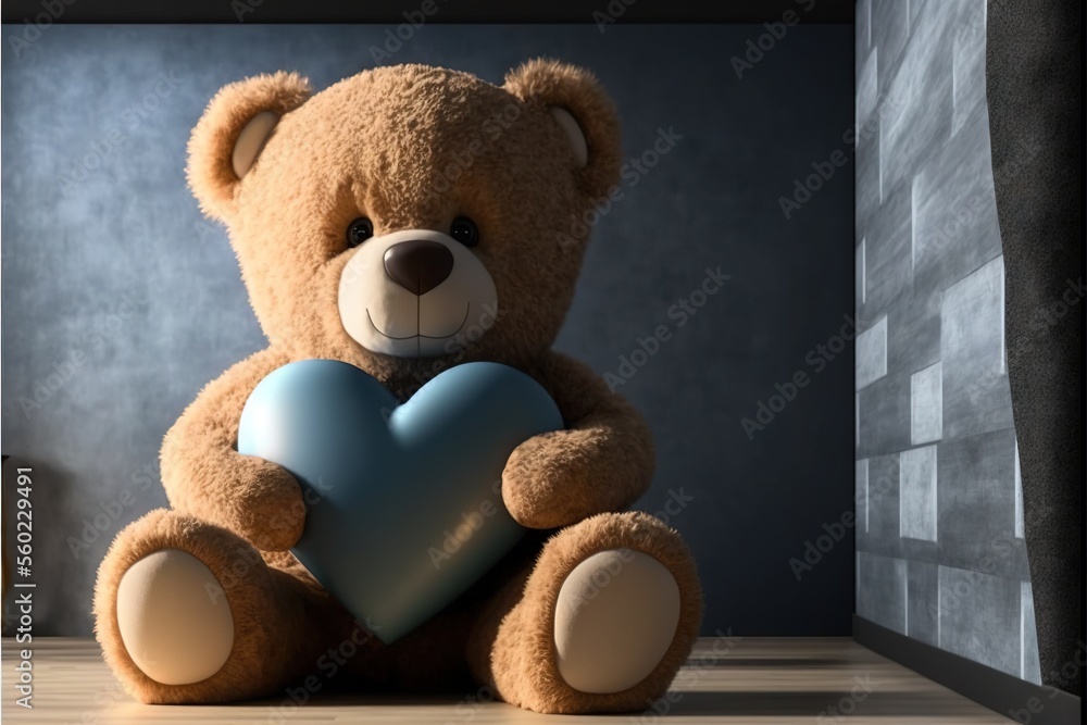 Poster  a  bear holding a heart sitting on a table in a room with a window behind it and a wall behind it that has a window and a curtain behind it is a curtained. Generative AI 