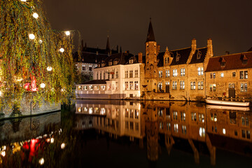 Medieval buildings in Bruges, Belgium old town Brugge illuminated at night