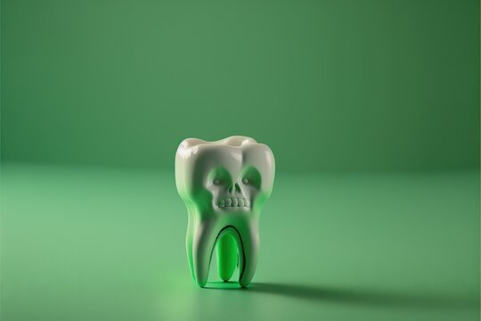  a toothbrush holder with a green toothpaste on it's side and a skull on the front of it's mouth, on a green background with a green background,. Generative AI