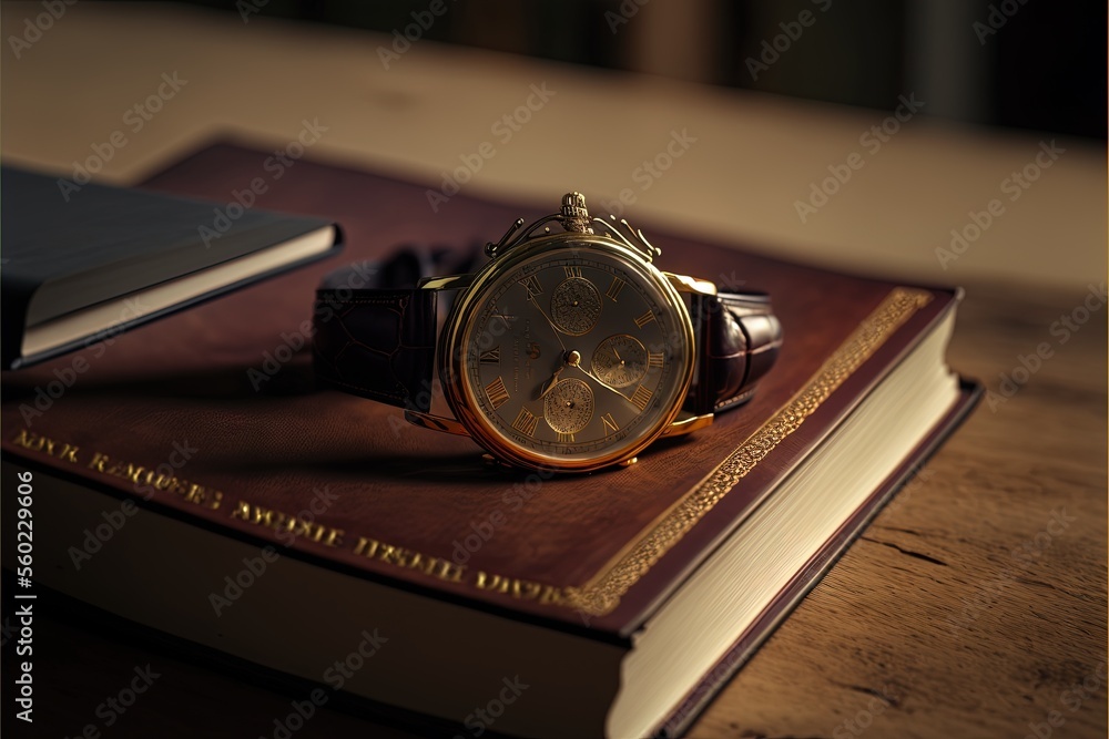 Poster a watch sitting on top of a book on a table next to a pen and a book on a table top with a book on i