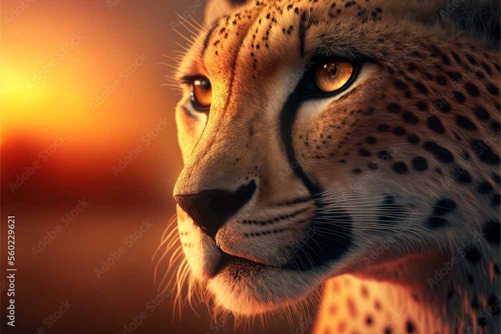 Poster a cheetah staring at the camera with a blurry background of the sun in the background and a blurry b