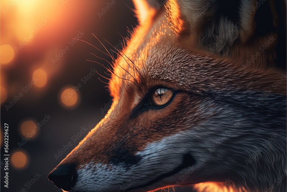 Aufkleber a close up of a fox's face with a blurry background of lights in the background and a blurry backgro