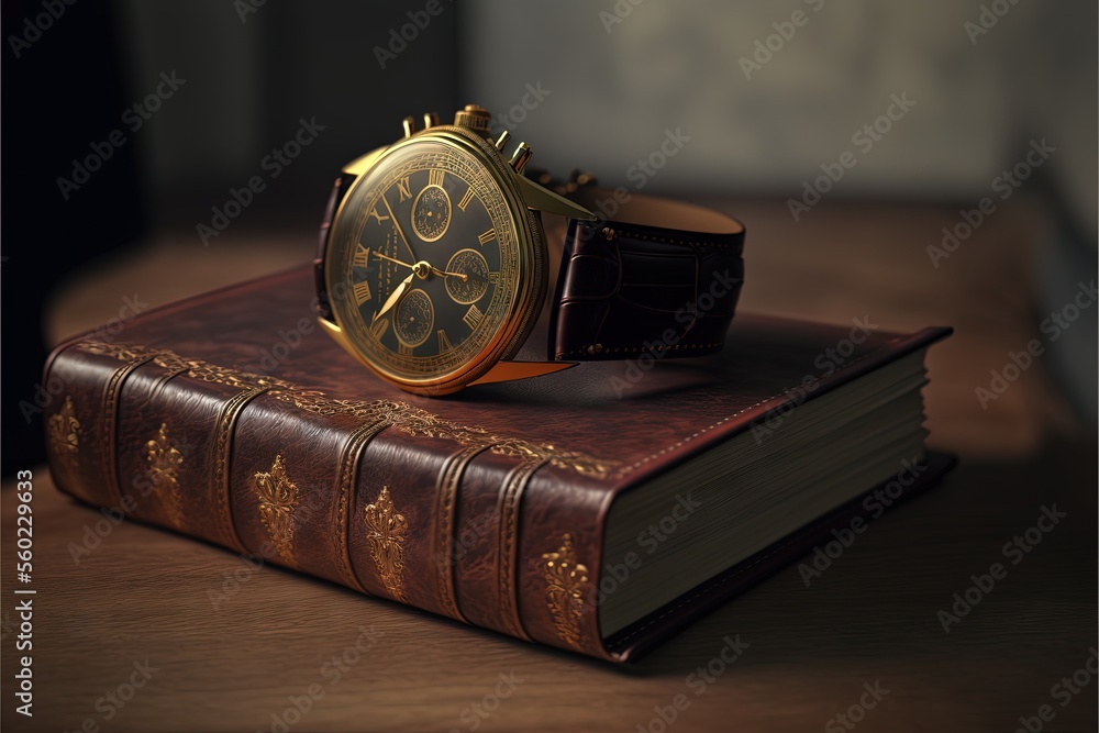 Poster a watch sitting on top of a book on a table with a book in front of it and a book on the side of the