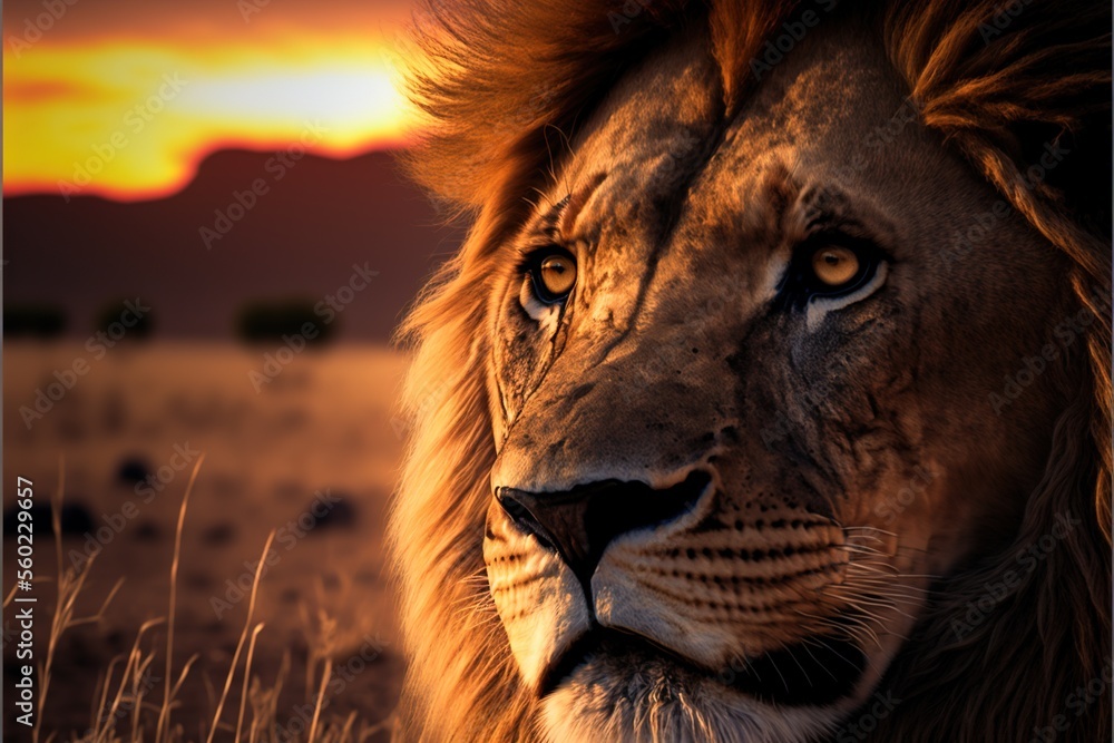Poster a lion is staring at the camera in the wild at sunset or dawn with a mountain in the background and 