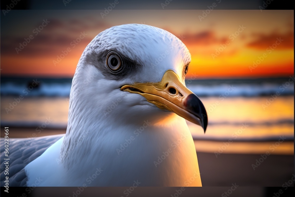 Poster a seagull with a yellow beak and a black beak and a sunset in the background with a body of water an