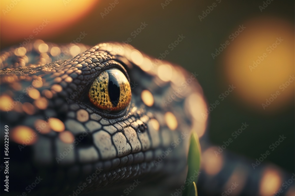 Poster  a close up of a snake's eye with a green plant in the foreground and a blurry background of the image in the background of the foreground of the image is a blurry., ai, Generative