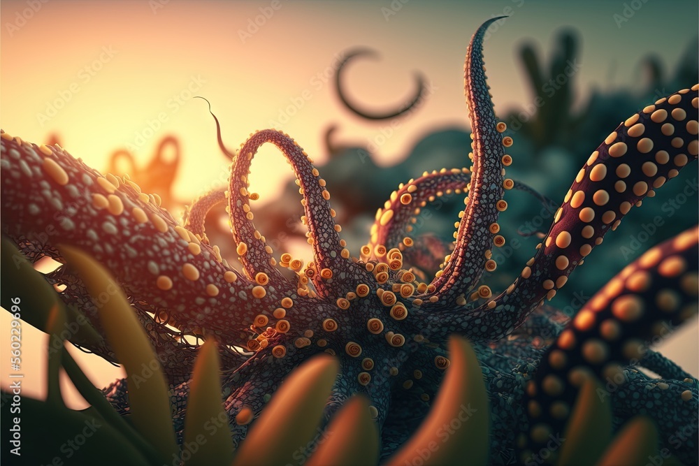 Poster an octopus is standing in the ocean with its tentacles spread out and it is looking like it is float