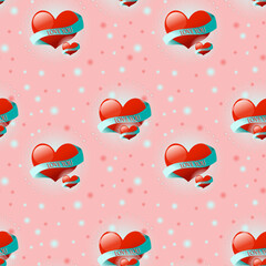 Seamless pattern with gradient hearts, ribbon and dots on a pink background. Design for wallpaper, greeting card, banner, flyer, cover, packaging. valentine's day, birthday, women's day