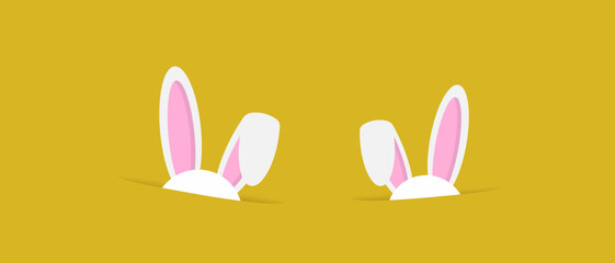 Easter bunny ears mask vector illustration. Rabbit ear spring hat set. Easter Day. Colorful Happy Easter greeting card with rabbit, bunny, eggs with banners.