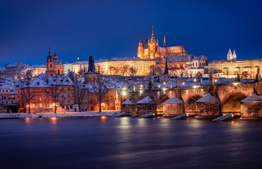 night, city, river, architecture, bridge, winter, water, europe, czech, building, travel, church, sunset, sunrise, cityscape, cathedral, prague, landmark, tower, skyline, snow, castle, charles bridge