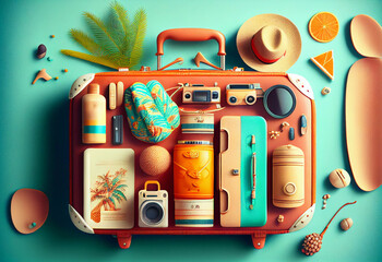 Fototapeta na wymiar open packed suitcase with things collected for vacation. Suitcase with different beach, accessories, photo camera and other things..