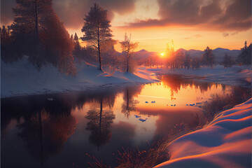 Fototapeta na wymiar Winter landscape with snow at sunset with snow at lacke with water relection generative ai