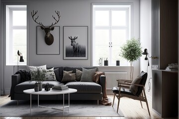  a living room with a couch, chair, table and deer head on the wall above the couch is a coffee table with a vase and a chair on the floor is also a chair.