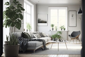  a living room with a couch, chair, table and potted plants in it and a window with a view of the outside outside of the room and a couch with a chair and a rug.